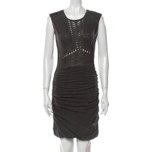 MAJE Ruched Padded Shoulder Laser Cut Stretch Jersey Cotton Sheath Dress